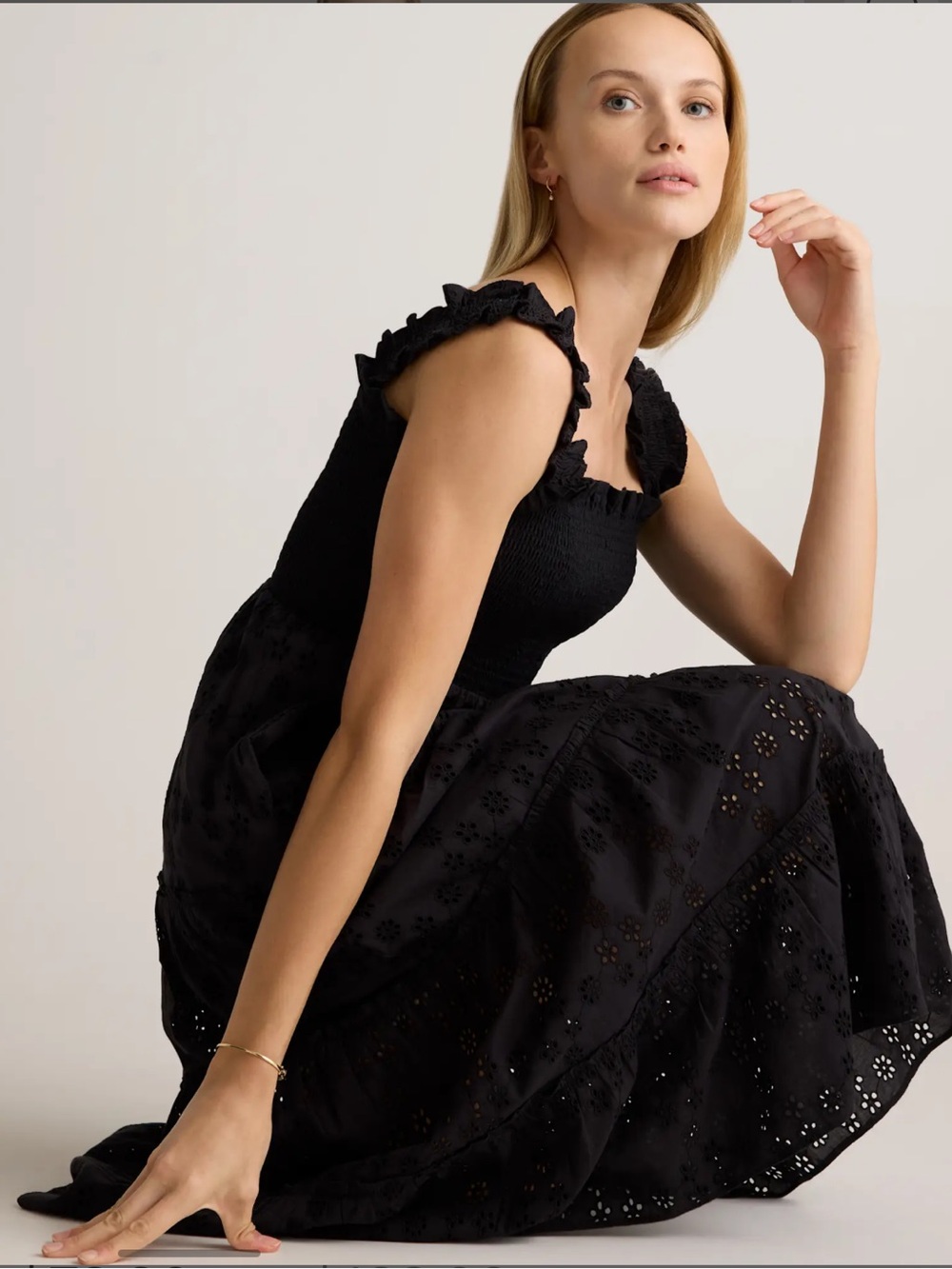 Quince | NWT 100% Organic Cotton Eyelet Smocked Midi Dress XS